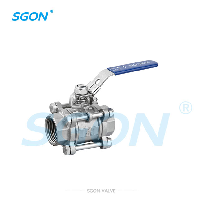 Three piece ball valve with lock handle